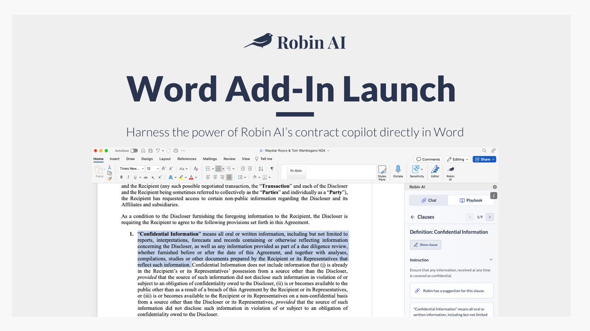 Read more about @RobinAI_UK's latest feature launch in @the_drawdown. The new Add-In for Microsoft Word enables lawyers to harness the power of our AI contract copilot directly in Word. 

It's Word, with legal AI superpowers included 🚀

the-drawdown.com/article/robin-…

#AI #genAI