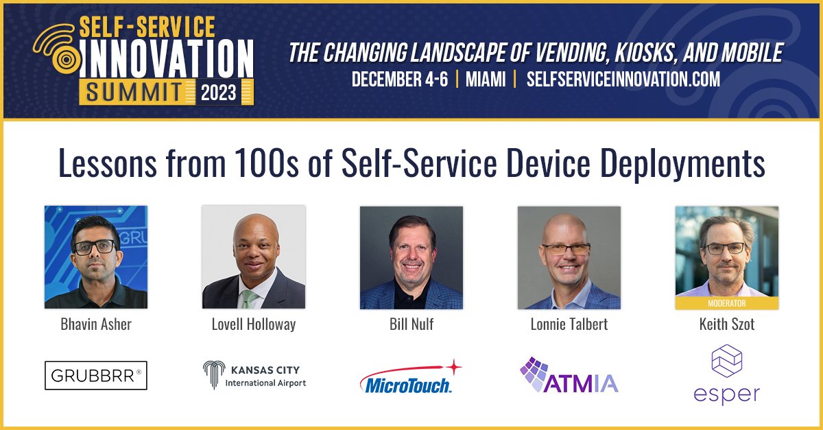 AutoRetailKiosk's tweet photo. At every stage of a self-service deployment, issues can and do come up. At Self-Service Innovation Summit 2023, these experts will share how they addressed real world deployment issues. #SelfServiceSummit @TeamGrubbrr @Fly_KansasCity @ATM_Industry @Esperdev https://t.co/sGsEPSb5Zl