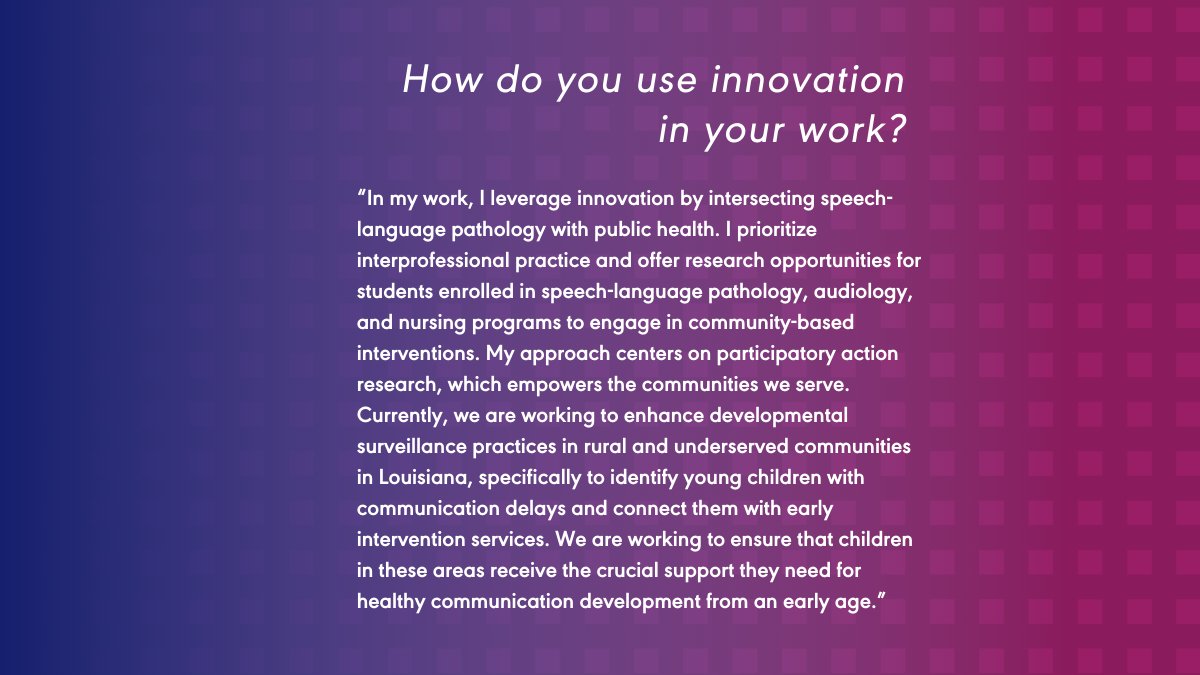 ASHAWeb's tweet photo. Our latest #ASHAInnovator is Leslie Lopez, an SLP in Louisiana.
Read Leslie's story to discover how she uses innovation to create research opportunities for students to engage in community-based interventions.
Nominate yourself or a fellow member: https://t.co/7SpLAH5QCF https://t.co/ZwOT8WkG9F