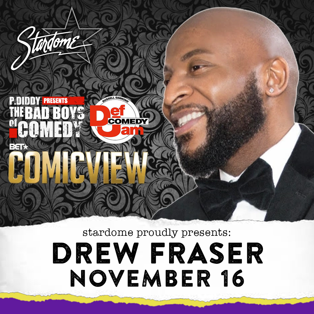 Comedian Drew Fraser takes the StarDome stage for one night only on November 16! You've seen him on Def Comedy Jam, ComicView and Comedy Central Presents. Now grab your tickets to see him LIVE--&gt; bit.ly/StarDome_Drew