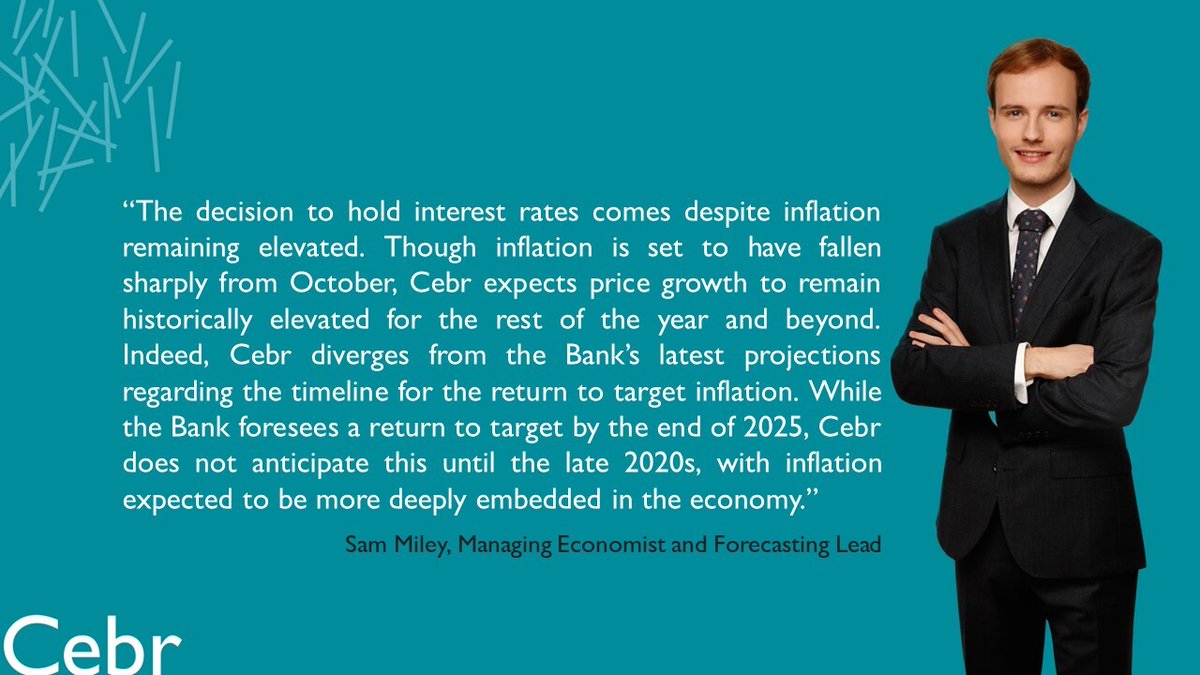 Cebr_uk's tweet image. Following the Bank of England's monetary policy announcement today, Cebr Managing Economist @SamMiley_ commented: