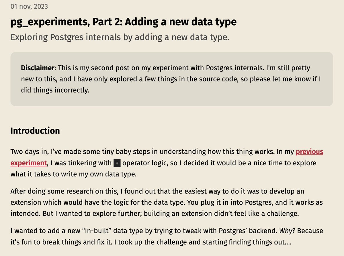 eatonphil's tweet photo. Day 5 of 7 of #wehack #postgresinternals, @carrotburnt publishes his second (!) post. This time on adding a new built-in data type.

https://t.co/zRC0QWq6cZ https://t.co/CwzgB9PzpQ