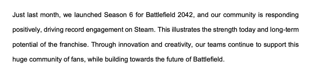 Here's what EA had to say on Battlefield: Season 6 drove record engagement on Steam Still working towards building the 'future of Battlefield'