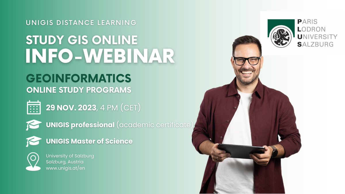 Join us #online for our #infowebinar. We present the #UNIGIS #Geoinformatics study programs and answer your questions! 🎓😃

When: 29/11/2023, 4 pm (CET), online 💻

Register now: attendee.gotowebinar.com/register/11566…

#gis #remotestudy #msc #distancelearning #studywhileworking #masterstudy
