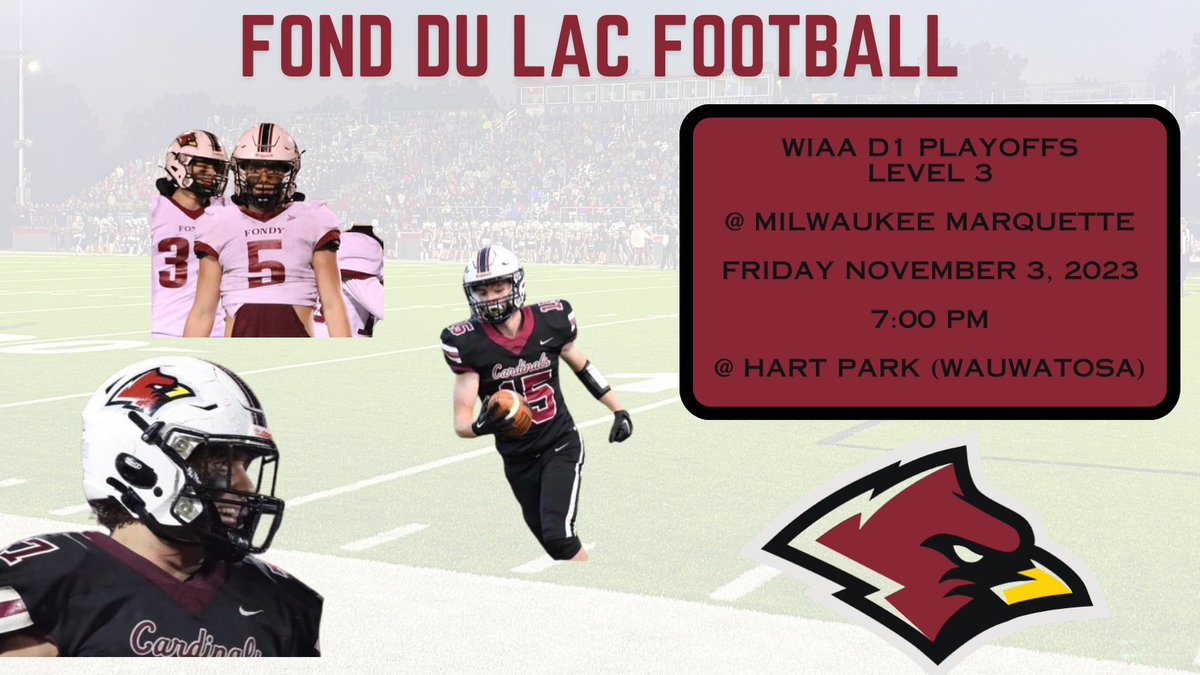 Fond du Lac Football <a href="/FondyFB/">Fond du Lac Football</a> travels to Hart Park in Wauwatosa to play Milwaukee Marquette in a WIAA D1 Level 3 Playoff Game tomorrow night!  #GRIT <a href="/fdlschools/">Fond du Lac School District</a> <a href="/CityofFDL/">City of Fond du Lac</a>