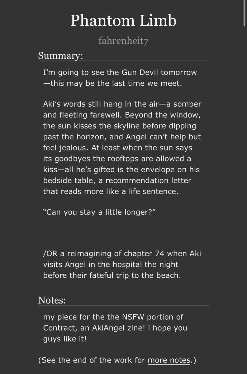 7fahrenheit's tweet photo. ❄️ Phantom Limb ❄️

akiangel | 2.5k words | rated E | 

here is my fic for the nsfw portion of the @AkiAngel_CSM zine!! i loved writing this one, i hope y’all like it 🥹 

https://t.co/9HK6HJspoy https://t.co/klb0hFLHaG