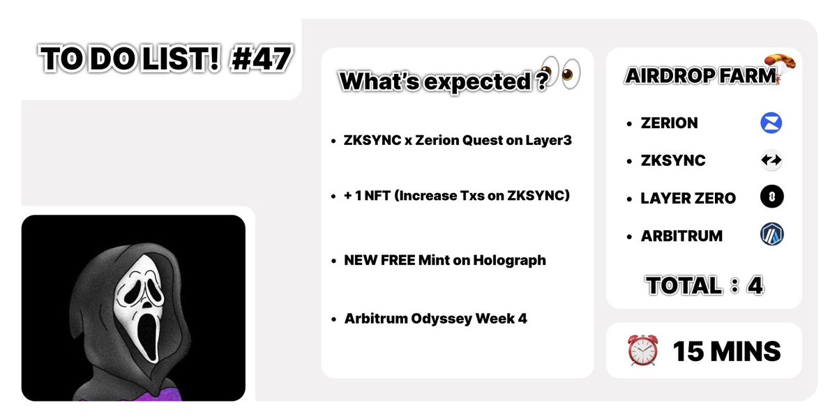 TO DO LIST! #47

🔹 ZKSYNC x Zerion Quest on Layer3
🔗 - l3.xyz/zkSyncZerion

🔹 + 1 NFT (Increase Contracts on ZkSync)
🔗 - ufo-zksync-era.nfts2.me

🔹 NEW FREE Mint on Holograph
🔗 - app.holograph.xyz

🔹 Arbitrum Odyssey Week 4
🔗 - portal.arbitrum.io/odyssey