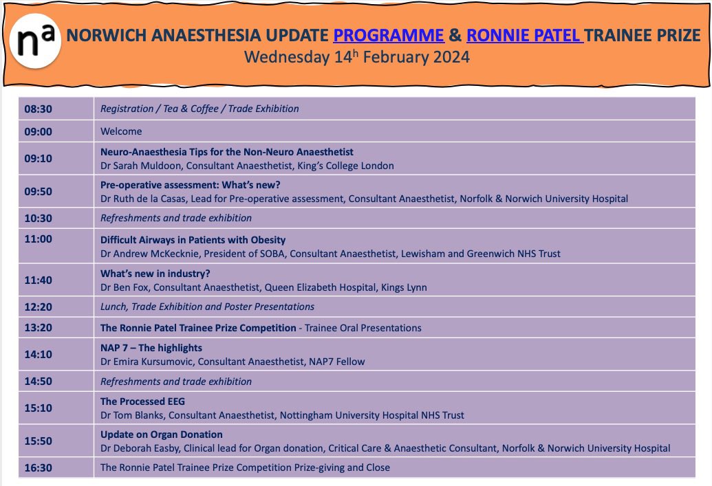 Registration for the Norwich Anaesthesia Update 2024 is now open!

Head over to our registration page 

norwichanaesthesia.org/register.php

And grab that early bird discount!! 

We have a fantastic line up of speakers and are very excited to welcome you all!