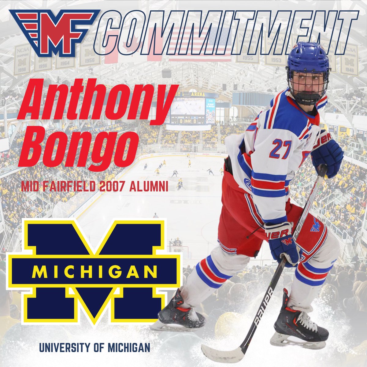 MFYHAHockey's tweet photo. Congratulations to longtime 07 Mid Fairfield defenseman Anthony Bongo on his commitment to play D1 hockey at @umichhockey!! https://t.co/xPLCpkALm3