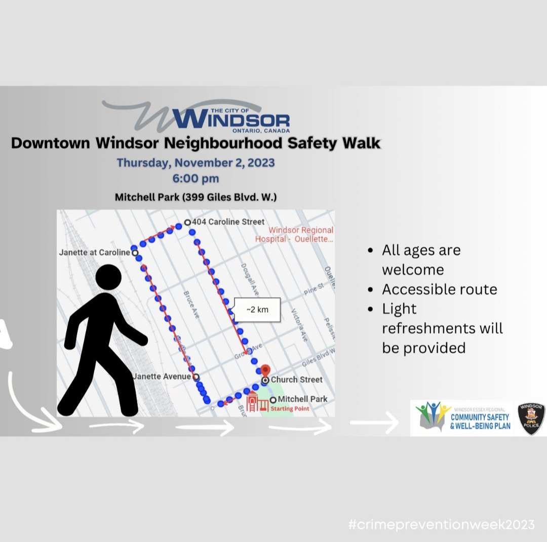 👉 Happening Tonight: Join <a href="/WindsorPolice/">Windsor Police</a> &amp; other Community partners for Crime Prevention &amp; Safety Walk🚶
📍 Mitchell Park
⏰ 6 - 7:30pm 
Perfect opportunity to learn about #CrimePrevention and how to keep your neighbourhood safe. 
#YQG
#SharedResponsibility