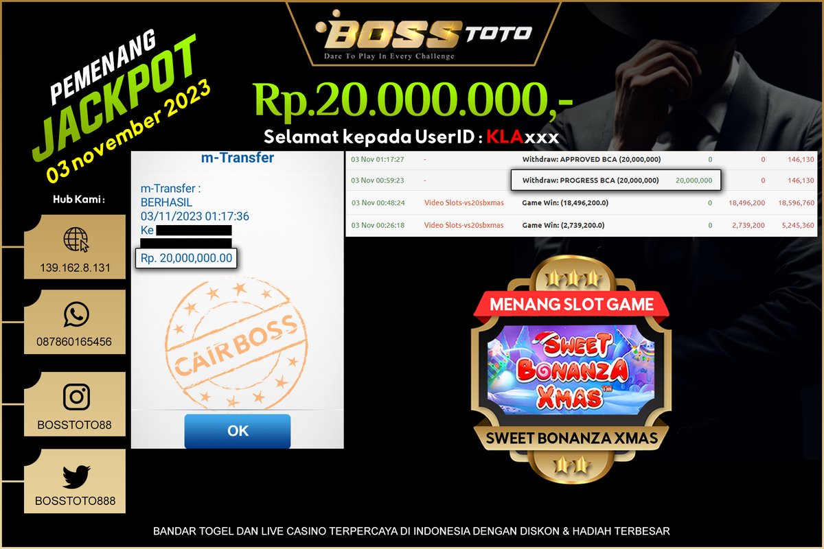BossToto888's tweet photo. CHAMPION OF BOSS !!

Selamat Kepada Pemenang JACKPOT PAUS Permainan SWEET BONANZA XMAS pada hari ini 03 November 2023 sebesar 20 JUTA

Ikuti Kami &amp; Dapatkan Kesempatan menjadi BOSS Selanjutnya! https://t.co/GYMbSMMdEV