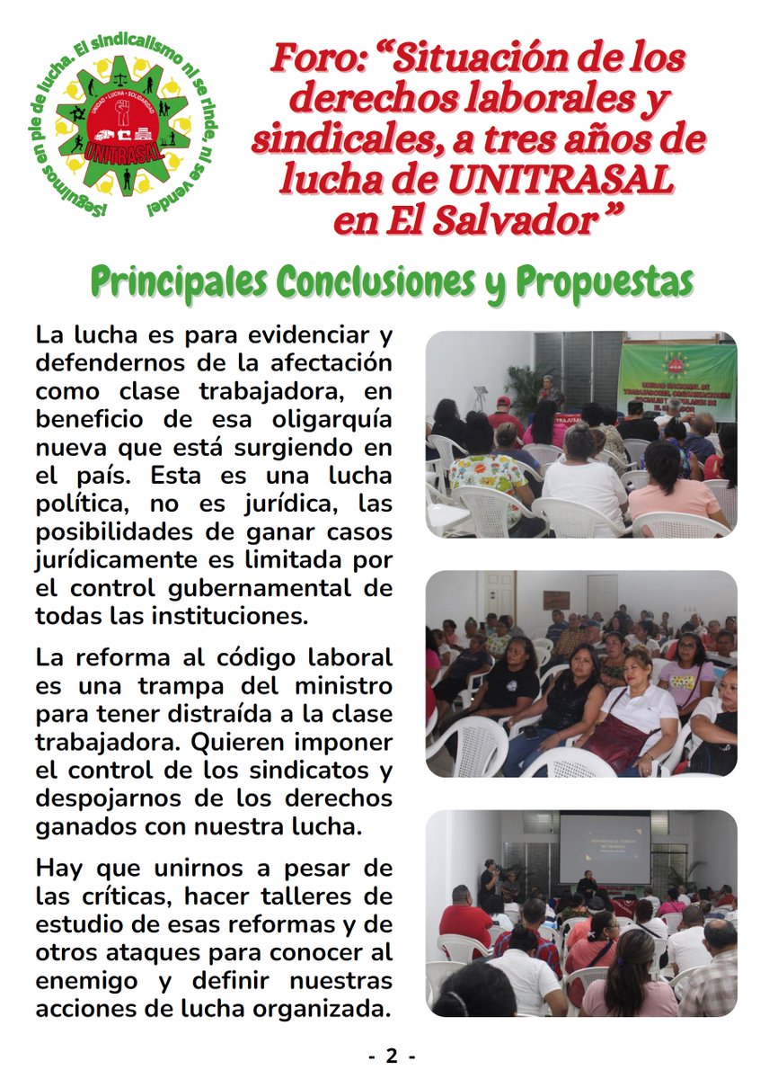 jupatraes's tweet photo. Resultados del foro por el #3erAniversario de #UNITRASAL El camino para la defensa de los derechos de la clase trabajadora es claro: nada de lo que hoy llamamos derechos ha sido un regalo, todo ha sido logrado mediante lucha organizada✊
#ElSalvador #LaLuchaSigue #NoALaReelección https://t.co/DpJbQ98MRK