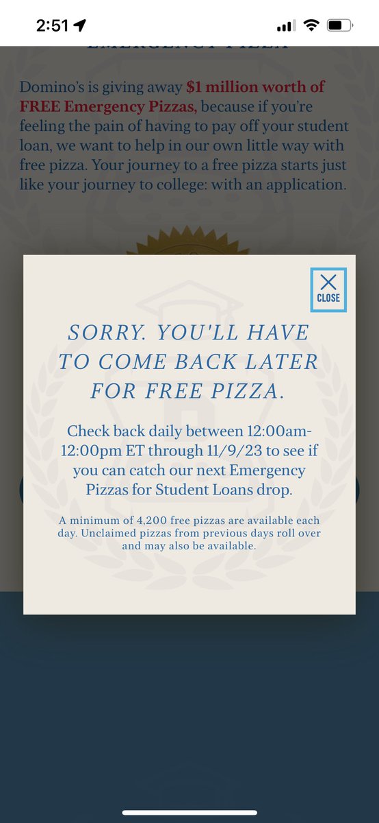 I HAVE BEEN REFRESHING SINCE MIDNIGHT i'm tired hungry and poor WHAT GIVES <a href="/dominos/">Domino's Pizza</a>