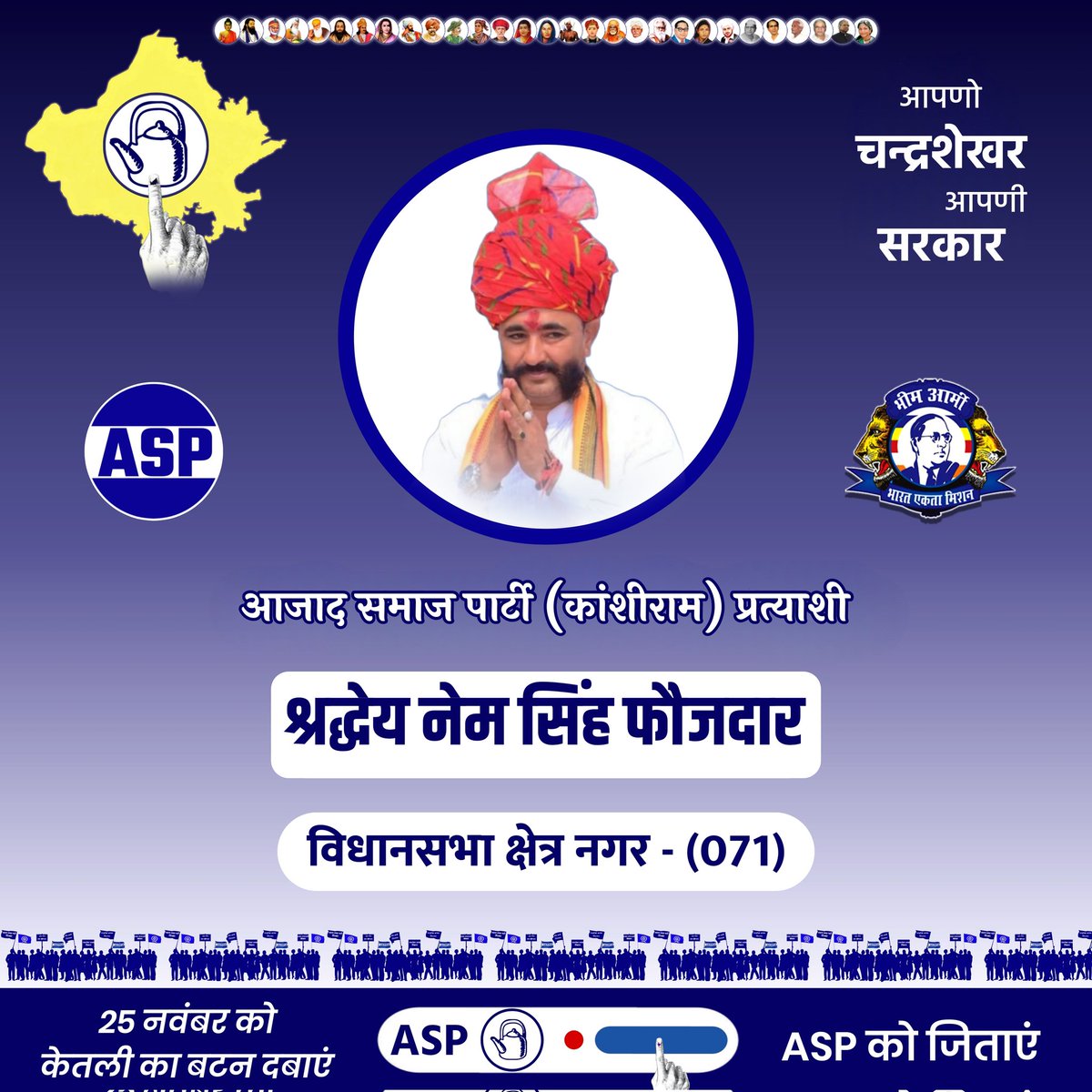 ASP4Rajasthan's tweet photo. श्रद्धेय नेम सिंह फौजदार जी को नगर - 071 विधानसभा क्षेत्र से आजाद समाज पार्टी (कां.) पार्टी के उम्मीदवार बनाएं जाने पर हार्दिक बधाई एवं आगामी विधानसभा चुनाव के लिए शुभकामनाएं। 25 नवम्बर को केतली वाला बटन दबाकर अपना मत और समर्थन देकर भारी मतों से विजय बनाये।
 @NemsinghFauzdar https://t.co/WNoJpBMJw0