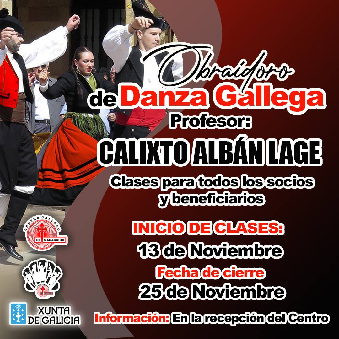¡Estamos emocionados de anunciarles que se acerca el obradoiro de danza gallega! 📷 Con el profesor Calixto Alban Lage, Las clases comenzarán el 13 de noviembre y se extenderán hasta el 25 de noviembre. ¡No te lo puedes perder!
#DanzaTradicionalGallega 
#CulturaGallega