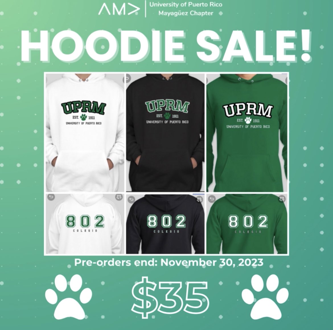 AmaUprm's tweet photo. THE “UPRM HOODIES” ARE BACK!🤩
Don’t miss out on the opportunity to show off your SANGRE VERDE pride by choosing from our three hoodies options!💚
Feel free to DM us if you have any questions🙌🏻
#collegelife #college #uprm #mayaguez #puertorico #ama #amauprm #colegio #rum #adem https://t.co/LJBiSCpJ6Z