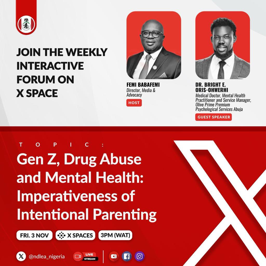 Hamix37's tweet photo. The Imperativeness of intentional parenting in tackling the scourge of substance abuse and mental health among our youths is our focus on our X space conversation this Friday at 3pm. Join us then!

#NDLEASpaces https://t.co/6f7DvHPORS
