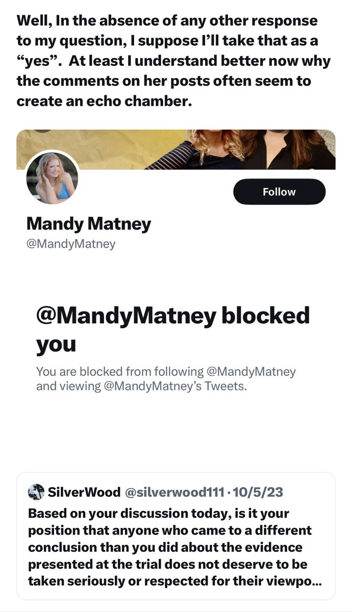 tmjoyjoy's tweet photo. @silverwood111 @TheMarkTinsley Frankly, you appear to be pandering ppl here to agree w the defense. IF you knew any of the ppl involved couldn’t that possibly be considered trying to sway potential jurors? Idk not an atty, but I had to delete several replies to you…bc you are rather clever… https://t.co/5HKvQuaJNB