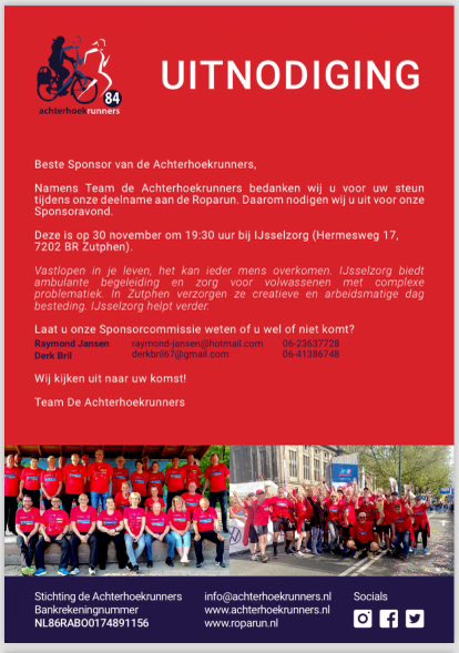 Ropateam84's tweet photo. 30 November is de tweede sponsoravond van @roparun team 84 Achterhoekrunners. Dit jaar vind deze plaats bij IJsselzorg. Al onze huidige sponsoren zijn uitgenodigd voor deze avond. Bent u nog geen sponsor dan bent u ook van harte welkom op deze avond. https://t.co/Aiy4VQjDzp