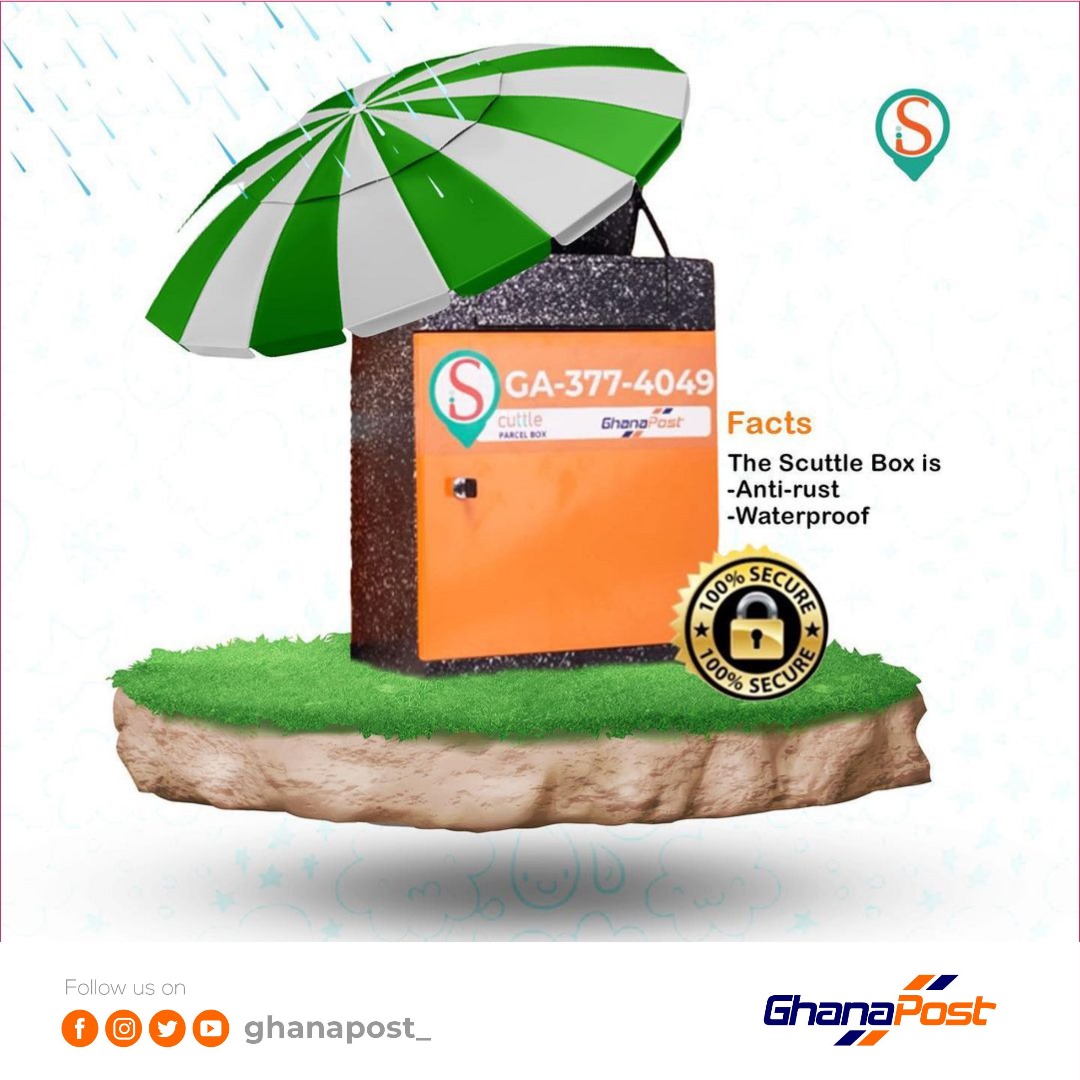 ghanapost_'s tweet photo. Get a Scuttle Box today to recieve of your packages safely in your absence. 
Our boxes are Anti-Rust, Waterproof and have anti theft features.
Call us today and lets get yours installed now!

#GhanaPost
#ScuttleBox
#SecuredSmartDelivery https://t.co/X61h8d2kES