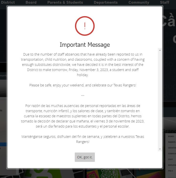 From the GPISD website. No subs, no school. Go Rangers!