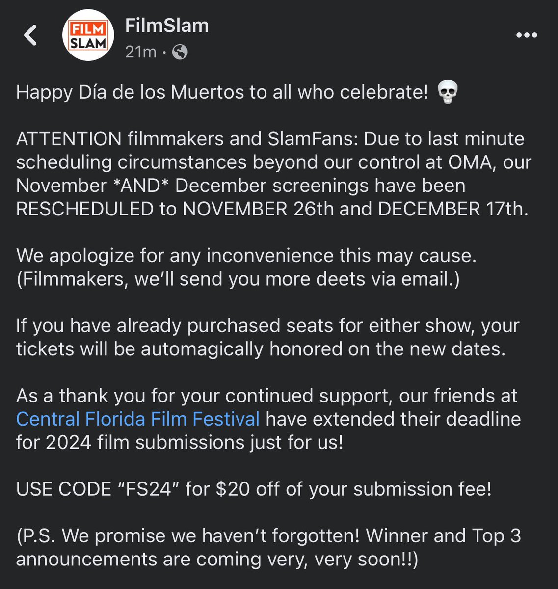 Our November and December 2023 dates have been rescheduled due to scheduling circumstances beyond our control at OMA. We apologize for any inconvenience this may cause. 

🗓️: New dates 11/26, 12/17

[Filmmakers, we’ll reach out with next steps via email.]

👇 More deets 👇