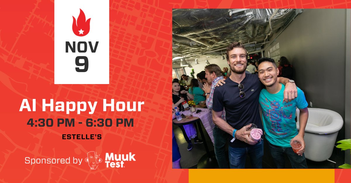 Tech enthusiasts, innovators, & AI aficionados, the countdown to an epic evening has begun! 🚀 Save the date for 11/9 📆 because the AI Happy Hour, sponsored by @MuukTest is here to redefine your #ATXStartupWeek experience! 🍻 Join us for an AI-powered networking experience!