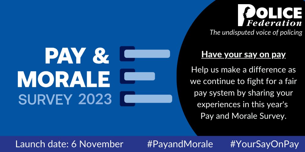 On Monday we will launch our Pay and Morale Survey 2023. 
 
The findings will provide strategically important evidence to support our ongoing Pay campaign, calling for fair remuneration for officers, and an independent pay mechanism. 
 
📣Have #YourSayOnPay 
 
#PayandMorale