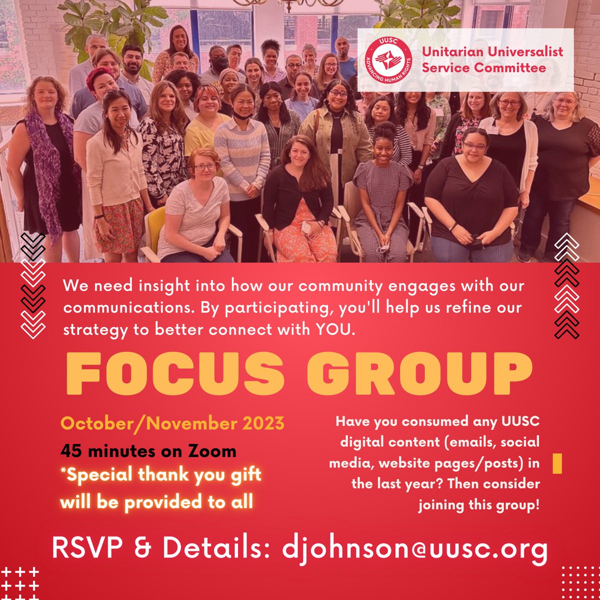 UUSC's tweet photo. 💡 Have you engaged with UUSC online? Your voice, your impact! Join our confidential Communications Focus Group and help us refine our outreach. A thank-you gift awaits all participants! 🌟 #UUSC https://t.co/FEEqAFEnuQ