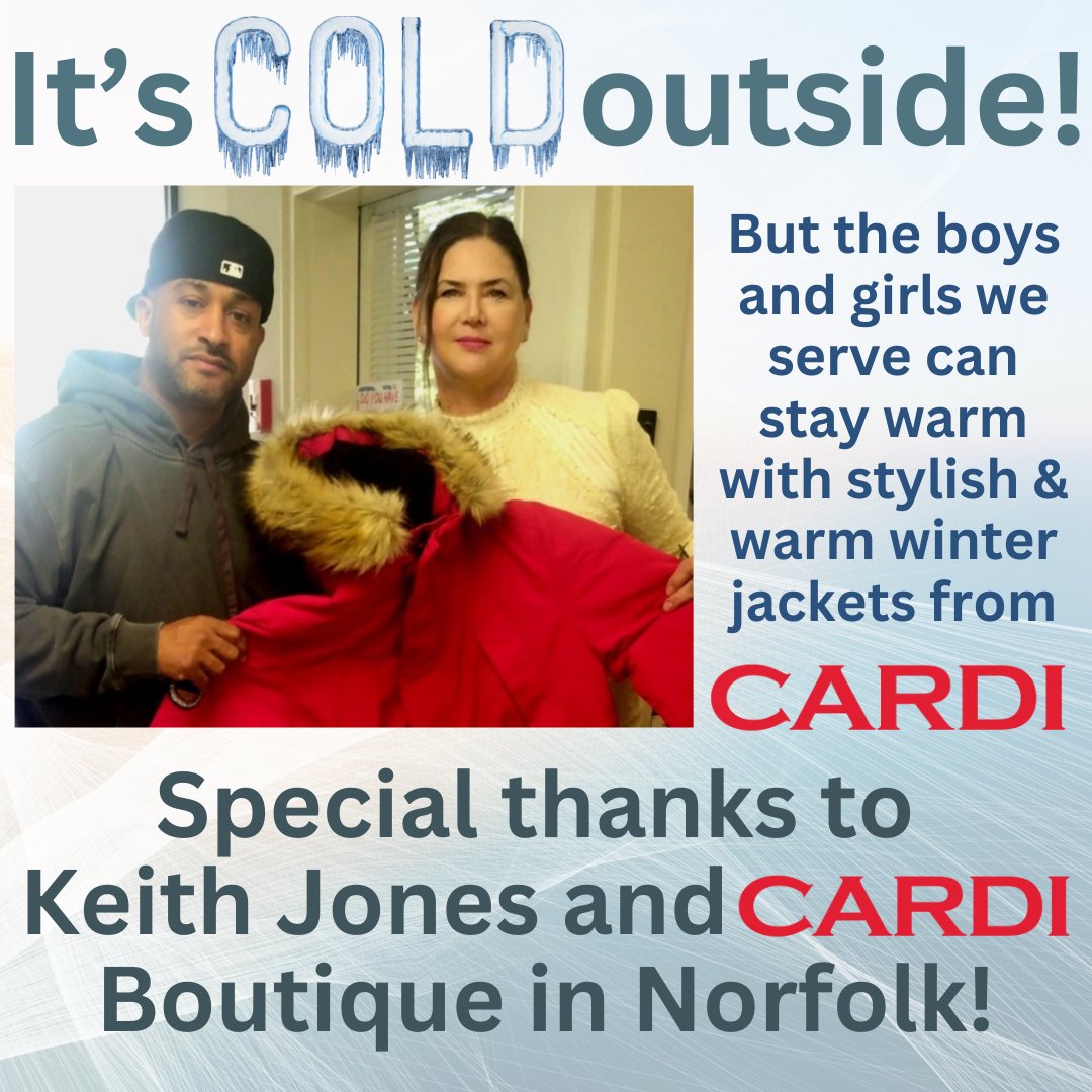 It was great to have Keith Jones of Cardi Boutique stop by our admin office with a donation of boxes full of beautiful new winter jackets for the youth we serve! --Jennifer Sieracki, CEO