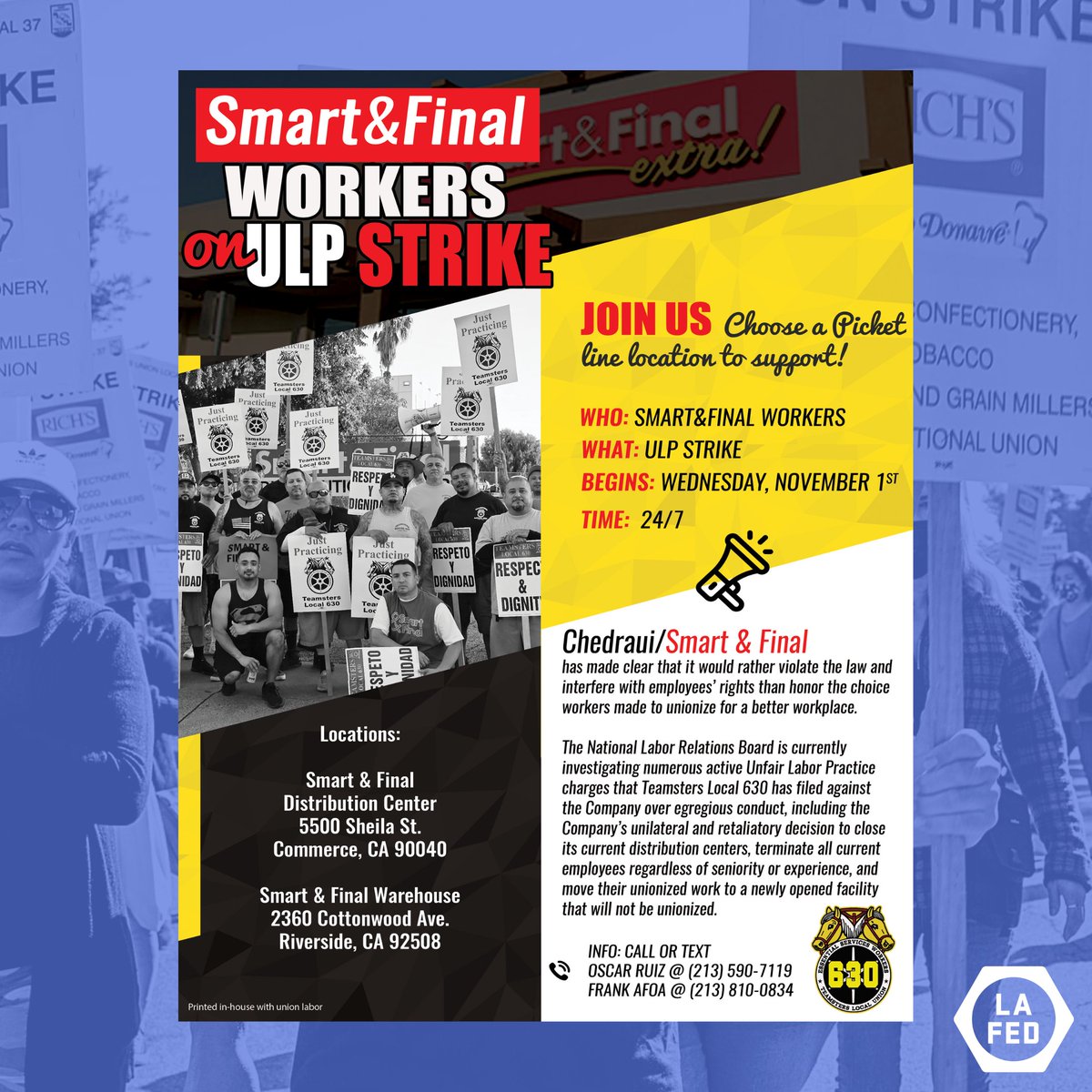 LALabor's tweet photo. π¨ ACTION ALERT π¨ Teamsters don't cross picket lines PERIODT β« So it's time we do the same for them. Contact the team on the flyer & join us on the strike line any day this week to show your support β @TeamstersLU630 #SolidarityIsPower #FAFOFall #FAroundFindOutFall https://t.co/SIrjsCRgza