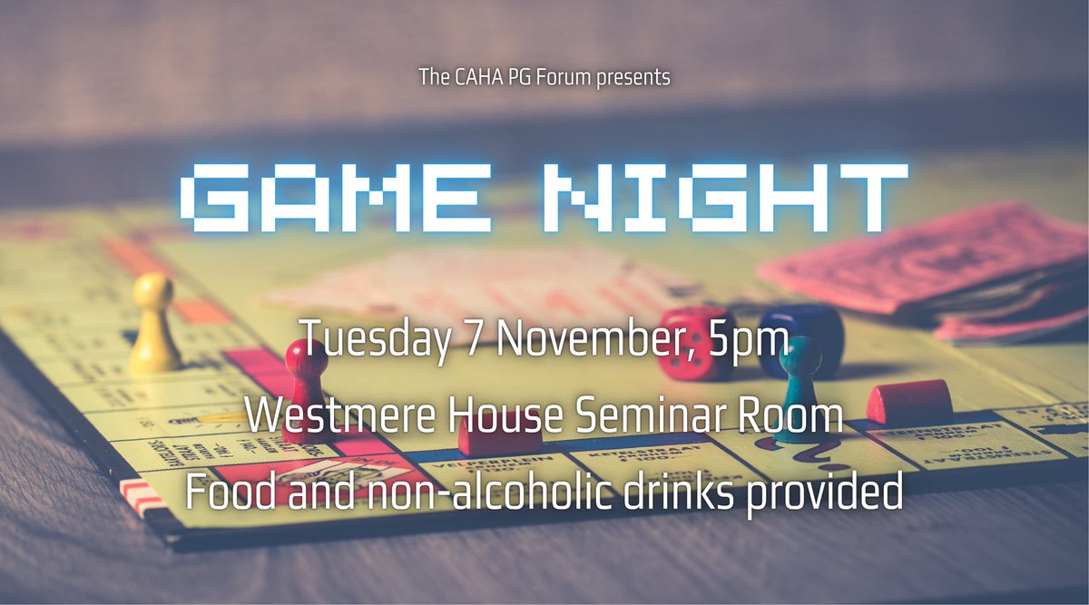 CAHA PG Forum (@cahapgforum) on Twitter photo Join us for our next forum meeting on 7 November at 5pm in the Westmere House Seminar Room for games including Ticket to Ride, Monopoly, and Mario Kart! Join us for our next forum meeting on 7 November at 5pm in the Westmere House Seminar Room for games including Ticket to Ride, Monopoly, and Mario Kart!