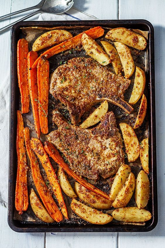 Sheet Pan Pork Chops with Carrots and Maple Dijon Potatoes – Looking for a quick and easy meal!