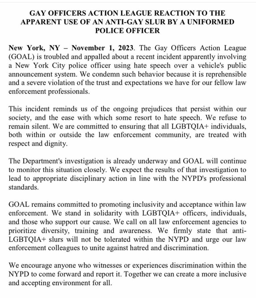 Statement from the Gay Officers Action League on reaction to an alleged use of anti-gay slur used by a uniformed @nypd police officer.