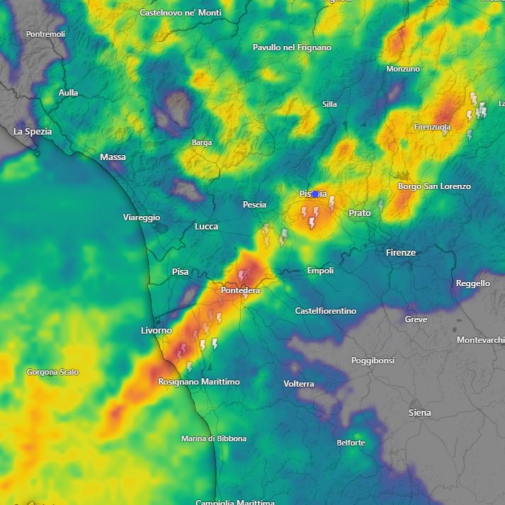 Aggiornamento.
Il sistema temporalesco continua a interessare l'alto livornese, l'alto pisano, la provincia di Firenze (fino al Mugello) e la provincia di Prato. Il temporale insiste sulle stesse zone da circa 3 ore e continuerà a farlo nelle prossime 2 (fino alle 22 circa). 1/2