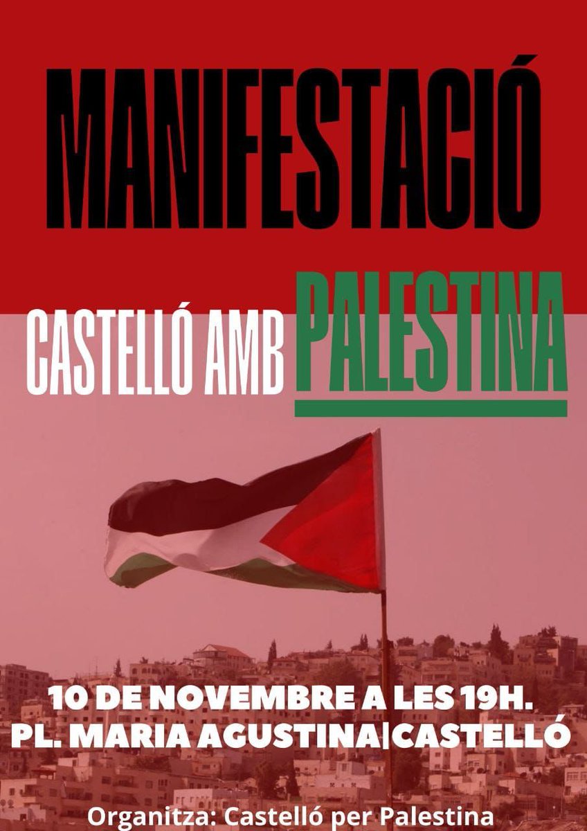 📢 Manifestació per a donar suport al poble palestí i denunciar la complicitat de la Unió Europea en els crims d'Israel.

📍10 de novembre a les 19h en la plaça Maria Agustina.

¡Gaza no està sola!
<a href="/BDSPaisValencia/">🇵🇸 #BDS País Valencià</a>