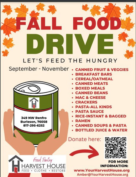 🥫🍂 Join our school's Can Food Drive! 🍂🥫 Let's come together to make a difference! 🌟 Bring non-perishable food items to your family teacher and help us support the Harvest House. Every can counts!