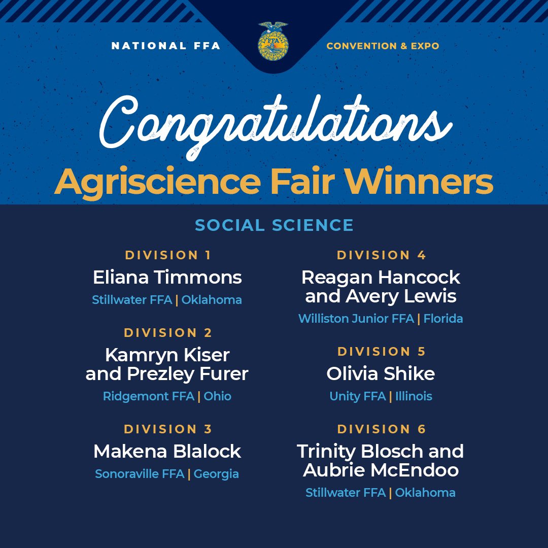 NationalFFA's tweet photo. Second General Session Agriscience Fair Winners have been announced! π π±
Click the link to see them now! π π
https://t.co/6qYk9NSJxa
#FFA23 #NationalFFA #FFA #Proficiencies #Awards #ConventionAndExpo #SessionTwo https://t.co/dTlWzrdfgm