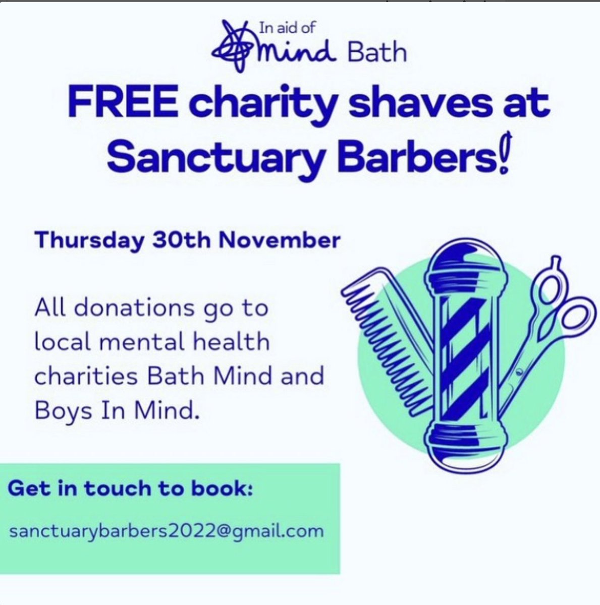 Boys in Mind (@boysinminduk) on Twitter photo Sanctuary Barbers are supporting bath mental health charities ! ๐ช๐On Thursday 30th November theyโre offering free shaves, with all donations going to @BathMind & <a href="/BoysInMindUK/">Boys in Mind</a>. Don't miss out - book at <a href="/Sanctuarybarb/">Jay Hammond/sanctuary barbers</a> & Please Share! ๐โ๏ธ
<a href="/MovemberUK/">Movember UK</a> #BoysInMind #Bath #Movember Sanctuary Barbers are supporting bath mental health charities ! ๐ช๐On Thursday 30th November theyโre offering free shaves, with all donations going to @BathMind & <a href="/BoysInMindUK/">Boys in Mind</a>. Don't miss out - book at <a href="/Sanctuarybarb/">Jay Hammond/sanctuary barbers</a> & Please Share! ๐โ๏ธ
<a href="/MovemberUK/">Movember UK</a> #BoysInMind #Bath #Movember