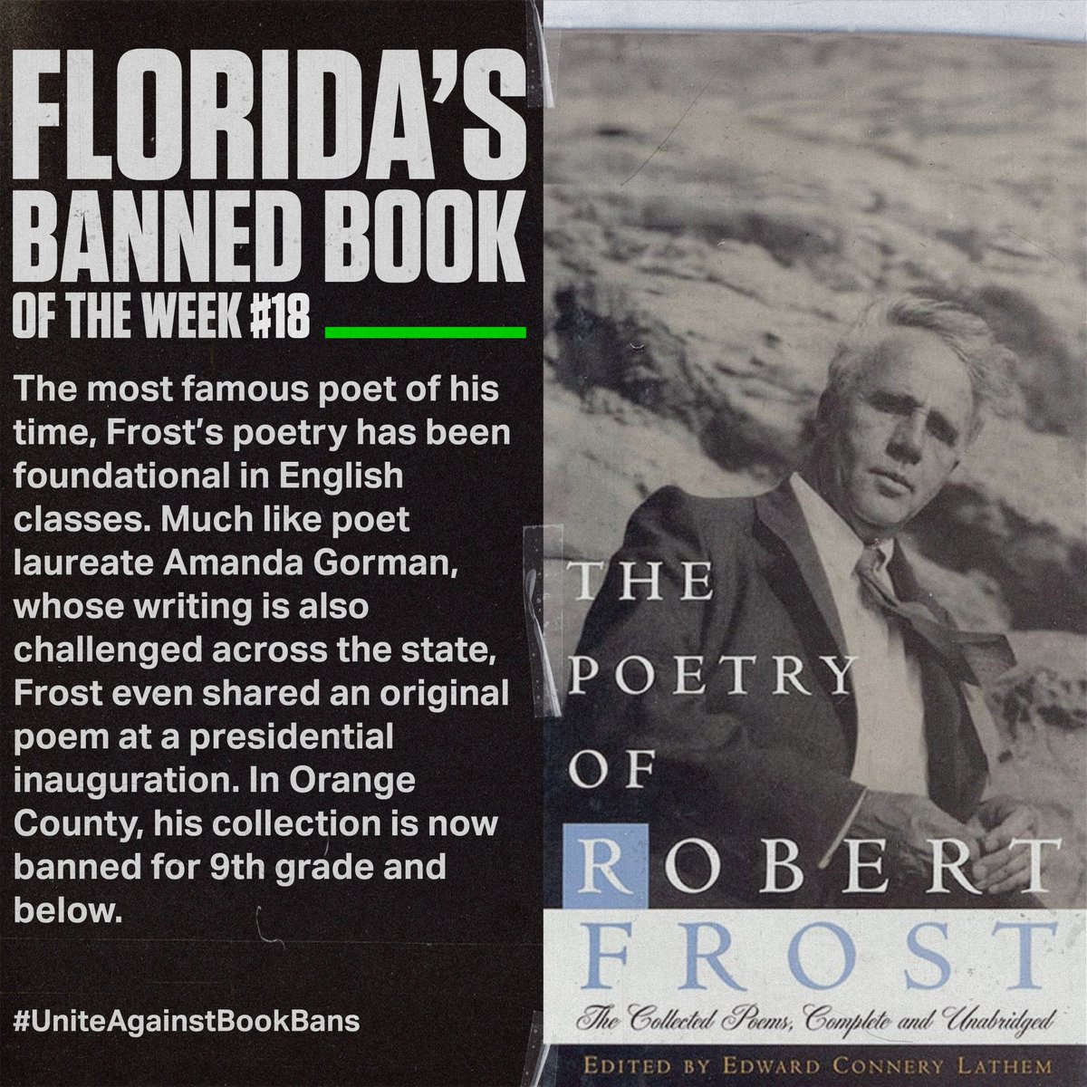 ProgressFlorida's tweet image. Two roads diverged in a wood and Florida students may never know the ending. Thanks to laws signed by Gov. DeSantis, even classic poetry is being censored. #UniteAgainstBookBans
