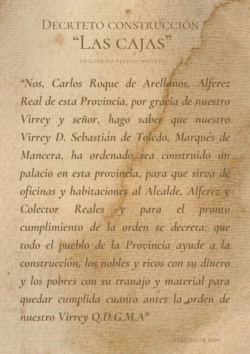 El 8 de febrero de 1670, un cartel fue colocado en el centro de la Plaza Principal, firmado por el Alferez Carlos Roque de Arellanos que decretaba la construcción del edificio "Las Cajas"por orden del Marqués de Mancera, Sebastián de Toledo, Virrey de Nva. España.  Abro hilo🧵