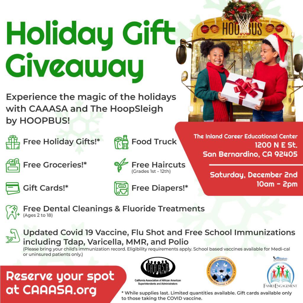 What better way to celebrate the holidays than to give back? That's what we're doing. On Dec. 2nd, we are giving away FREE holiday gifts, diapers, hair cuts, update covid vaccines dental cleanings and more! Bring a friend or two. Register at caaasa.org #CAAASAEquity