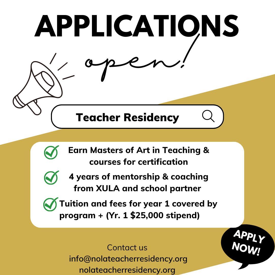 NCFTeachRes's tweet photo. Apply to join the Norman C. Francis Teacher Residency !

What you'll gain:
-$25,000 stipend as a graduate student
-Free tuition in their first year in the program.
-A Master's degree  for a total two-year cost of $3,800.
-&amp; More!

Apply Today: https://t.co/GbcMx8uKVd https://t.co/lfl7x10BQL