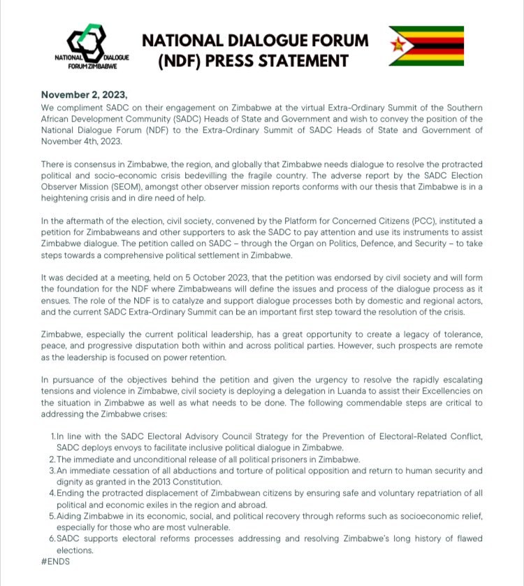 ibbosnr's tweet photo. Please find herewith our statement as the Zimbabwe National Dialogue Forum(NDF), the alliance and voice of civic society in the face of the post-election crisis in Zimbabwe. https://t.co/1746zD1u2B