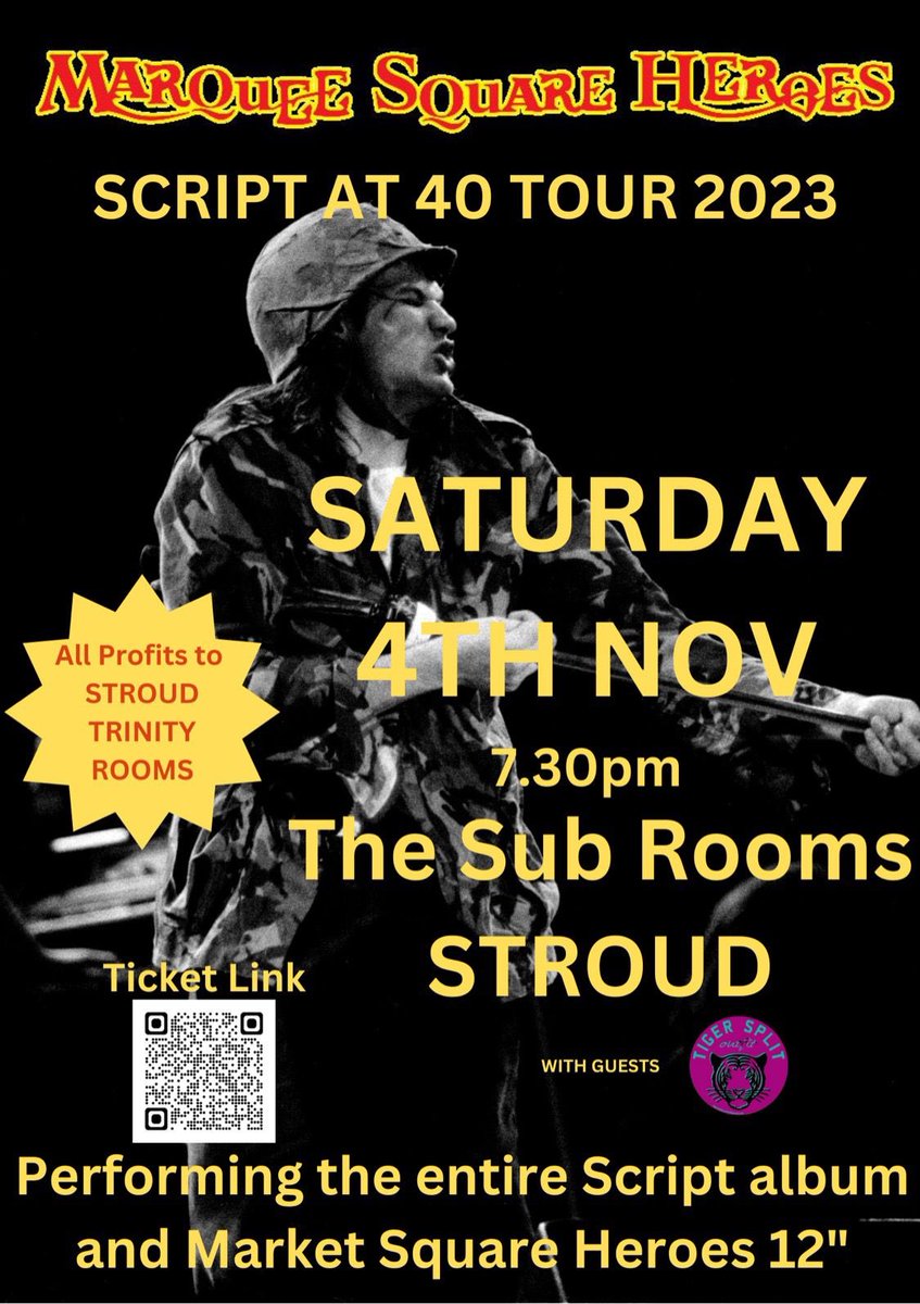 Last call for the fantastic Marquee Square Hereros and Stroud’s Tiger Split Outfit at the Sub Rooms. 3 hours of brilliant Prog Rock in a benefit for Trinity Rooms Community Hub. @ThePrinceAlbert @BBCGlos @MTrainRadio @StroudTimes @Stroud_Labour