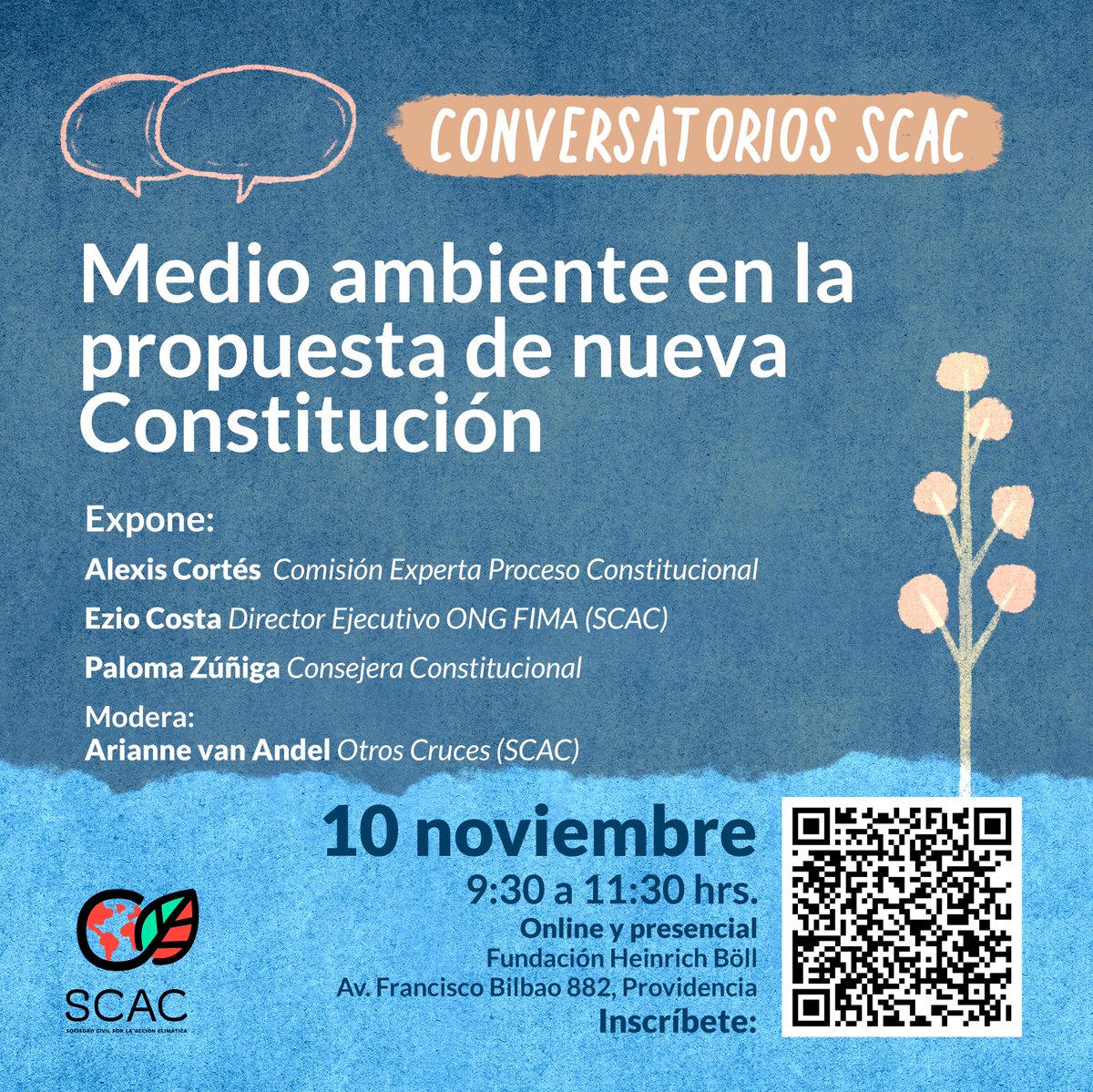 Hablemos sobre Medio Ambiente en el texto constitucional 🌎 junto a @AlexisCortesMs, @eziocosta de @FIMA_Chile y @PalomaZunigaC Modera: @ariannevanandel de @OtrosCruces 📅 10 de noviembre | 09:30 hrs 📍Presencial en la @ChileHbs 💻Transmisión online ✅bit.ly/ConversatorioS…