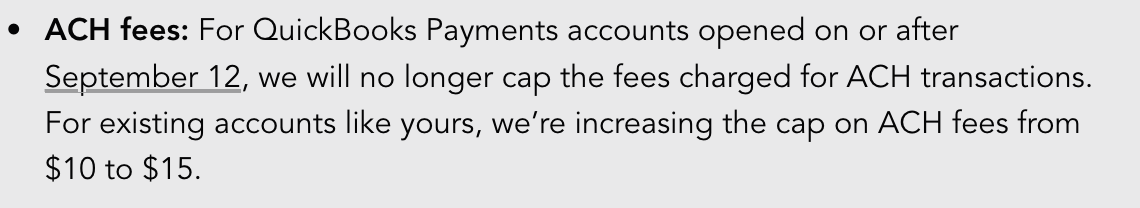 jschnip's tweet image. Wow, thats a substantial fine print change for new businesses to easily collect payment on invoices. At a 1% fee that means a $10k invoice goes from $10 to $15 for existing accounts, and $100 for any new businesses. Shouldn&apos;t the cost of moving money be going down?