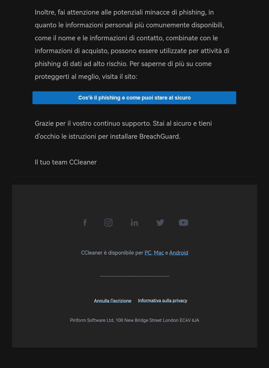 JAMESWT_WT's tweet image. "In quanto utenti del software, abbiamo agito immediatamente per proteggere i nostri sistemi e approfondire il potenziale IMPATTO" 

OK

"in quanto cliente dei prodotti #CCleaner, alcune tue informazioni personali sono state divulgate sul Dark Web."

MOLTO MALE
