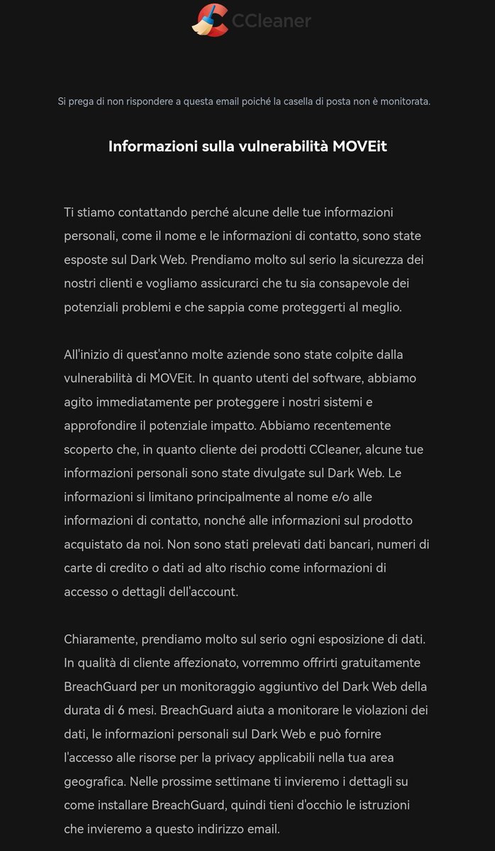 JAMESWT_WT's tweet image. "In quanto utenti del software, abbiamo agito immediatamente per proteggere i nostri sistemi e approfondire il potenziale IMPATTO" 

OK

"in quanto cliente dei prodotti #CCleaner, alcune tue informazioni personali sono state divulgate sul Dark Web."

MOLTO MALE