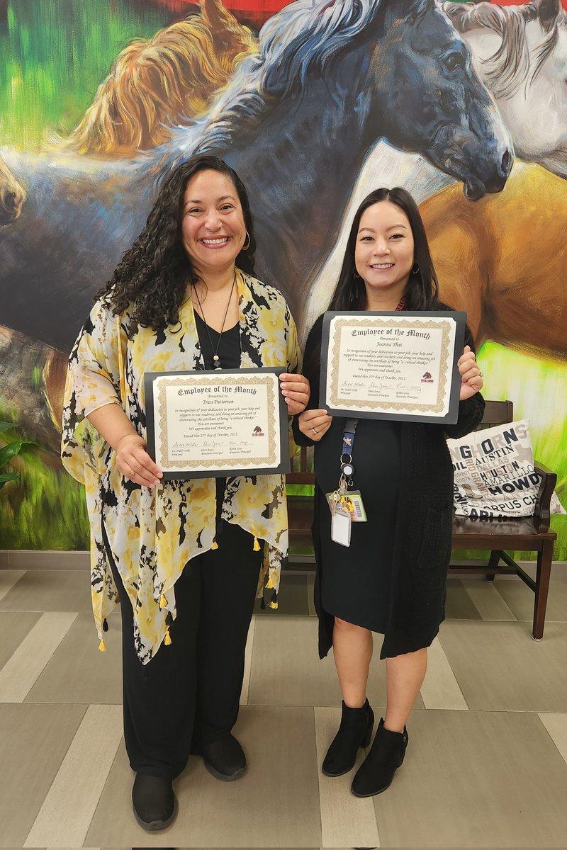 #Congratulations to our @JSES_Stallions October Employees of the Month, Music Teacher - Traci Patterson, and Front Desk Receptionist - Joanna Thai! 🎊 Thank you ladies for being amazing #CriticalThinkers on our campus! ❤️ We love you!